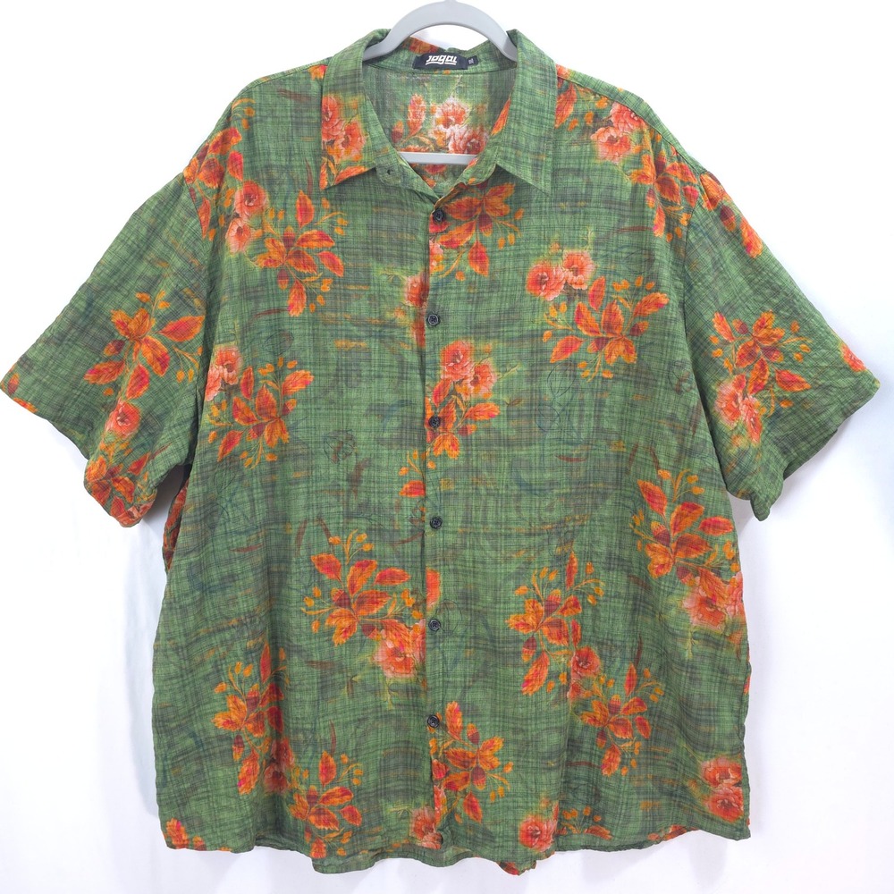 JOGAL Button Down Shirt Floral Tropical Green Orange Men 3XL Summer Boho Resort